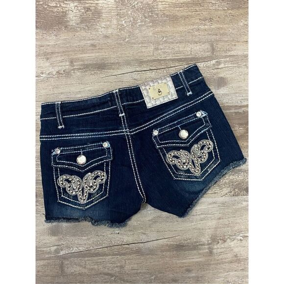 Twelve K Denim Jean Shorts Embellished Bling Flap Pocket Rhinestone Juniors Sz 3 - Picture 5 of 6